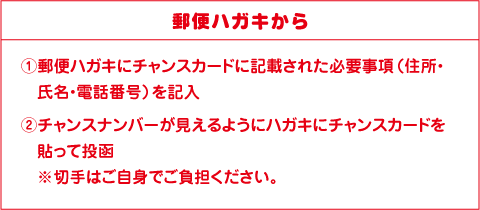 郵便ハガキから ①郵便ハガキにチャンスカードに記載された必要事項(住所・氏名・送り先等)を記入 ②チャンスナンバーが見えるようにハガキにチャンスカードを貼って投函